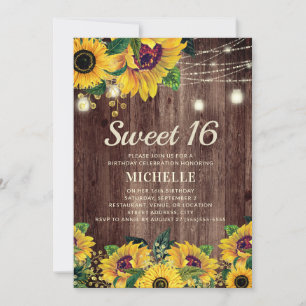Rustic Sunflower String Light 16th Birthday Invitation