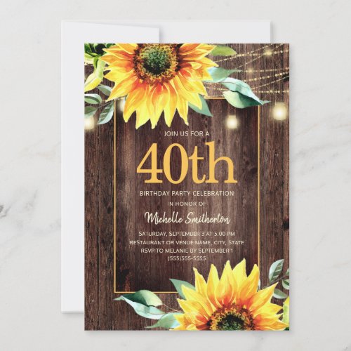 Rustic Sunflower String Light 40th Birthday Invitation