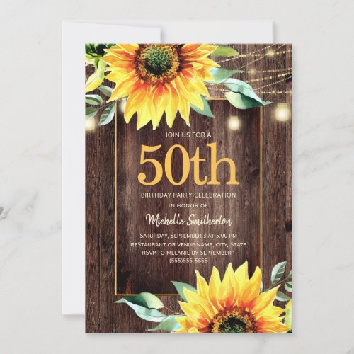 Rustic Sunflower String Light 50th Birthday Invitation