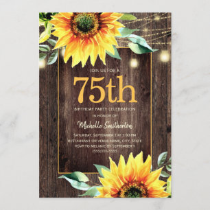 Rustic Sunflower String Light 75th Birthday Invitation