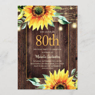 Rustic Sunflower String Light 80th Birthday Invitation