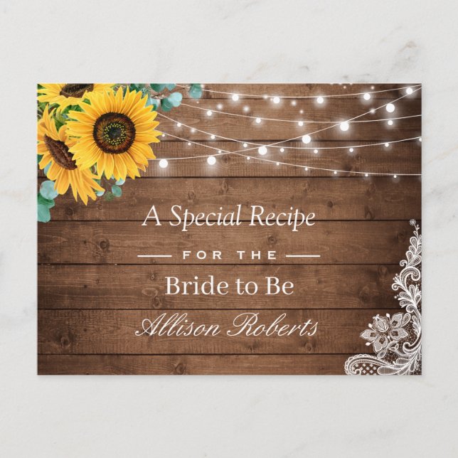 Rustic Sunflower String Light Bridal Shower Recipe Postcard (Front)