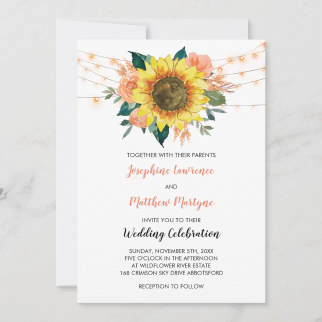 Rustic Sunflower String Light Peach Floral Wedding Invitation | Zazzle