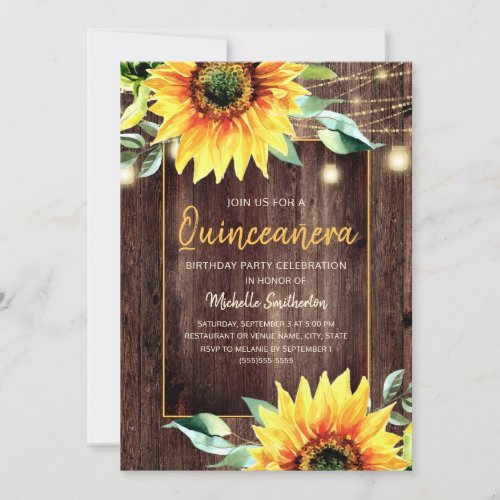 Rustic Sunflower String Light Quinceaera Birthday Invitation