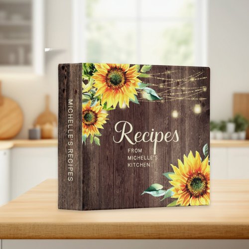 Rustic Sunflower String Light Recipe Cookbook Name 3 Ring Binder