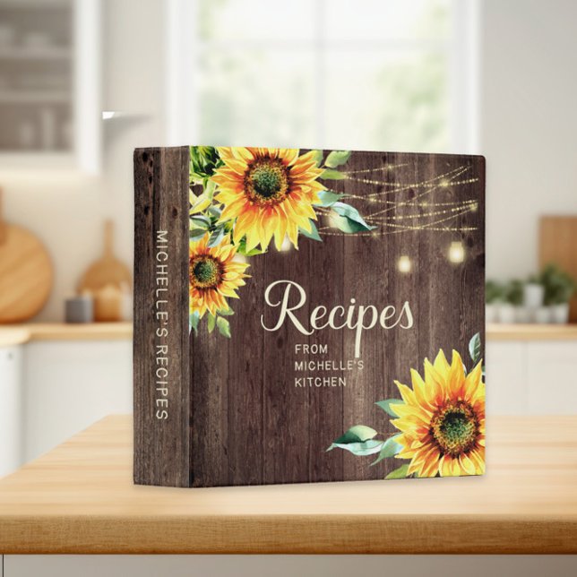 Rustic Sunflower String Light Recipe Cookbook Name 3 Ring Binder (Sunflowers and rustic wood custom recipe binder)