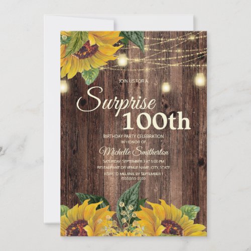 Rustic Sunflower String Light Surprise 100th Invitation