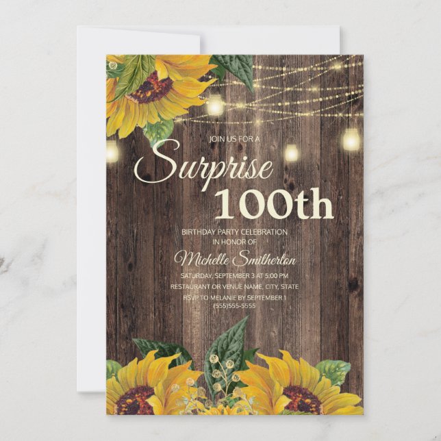 Rustic Sunflower String Light Surprise 100th Invitation (Front)