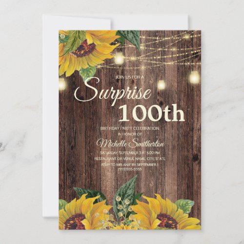 Rustic Sunflower String Light Surprise 100th Invitation