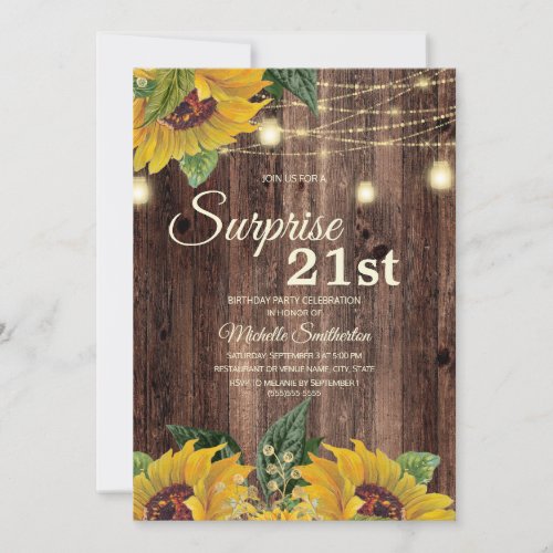 Rustic Sunflower String Light Surprise 21st Invitation