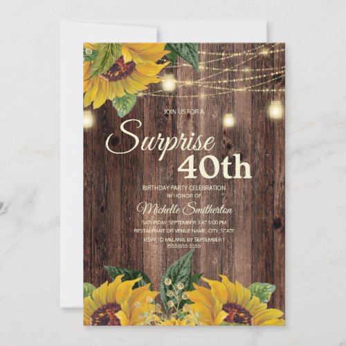 Rustic Sunflower String Light Surprise 40th Invitation