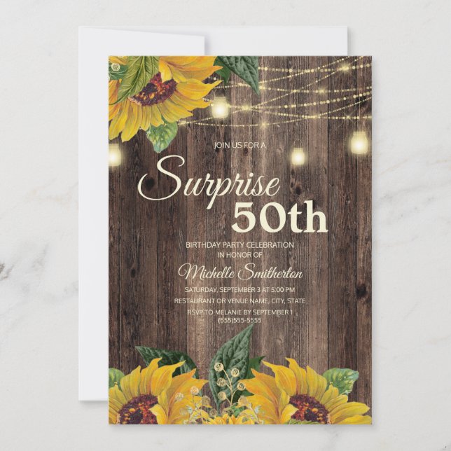 Rustic Sunflower String Light Surprise 50th Invitation (Front)