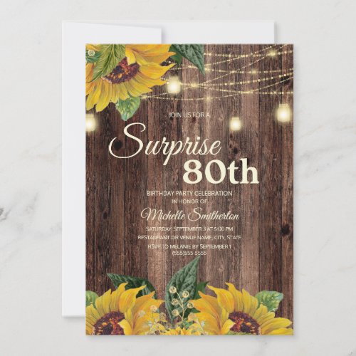 Rustic Sunflower String Light Surprise 80th Invitation