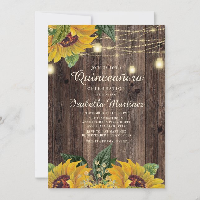 Rustic Sunflower String Light Surprise Quinceanera Invitation (Front)