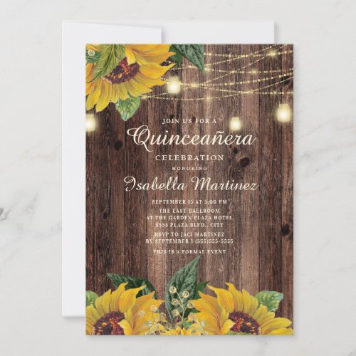 Rustic Sunflower String Light Surprise Quinceanera Invitation