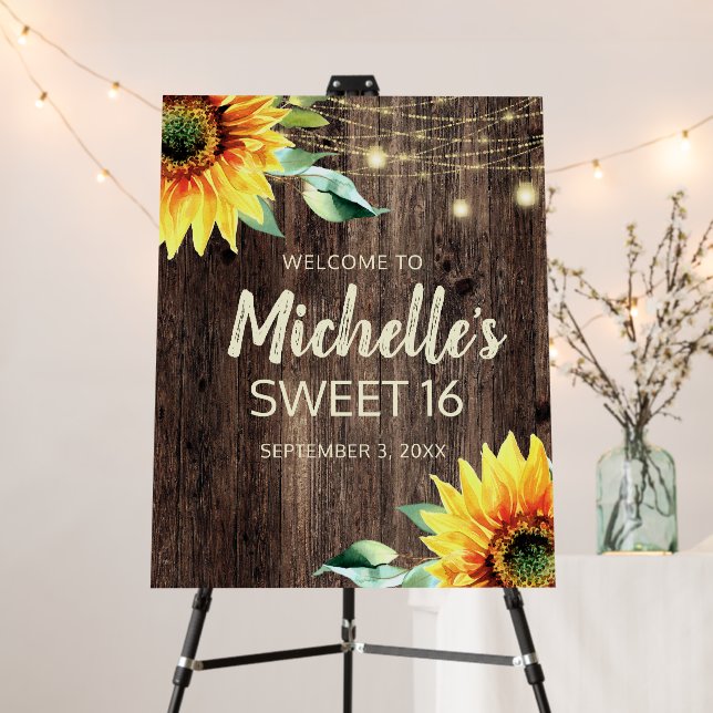 Rustic Sunflower String Light Sweet 16 Birthday Foam Board (In Situ (Stand))