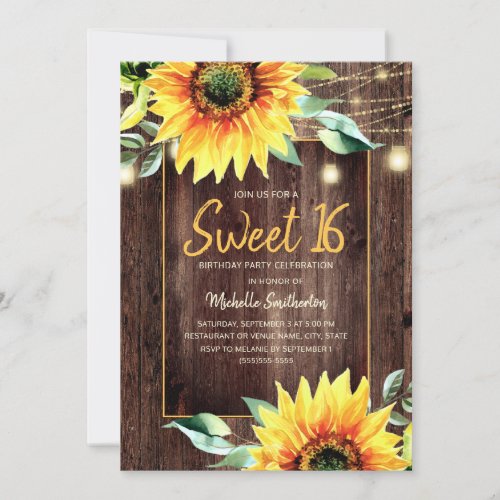 Rustic Sunflower String Light Sweet 16 Birthday Invitation