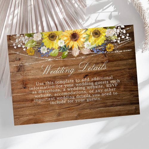 Rustic Sunflower String Light Wedding Details Info Enclosure Card