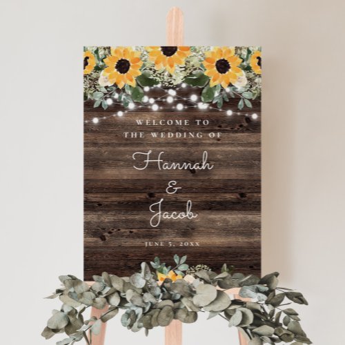 Rustic Sunflower String Light Wedding Welcome Sign