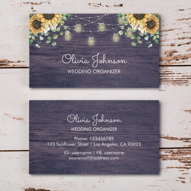 Rustic Sunflower String Light Wooden Business Card (In situ wood table)
