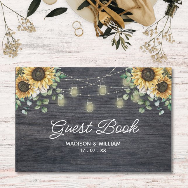 Rustic Sunflower String Light Wooden Guest Book (In situ wedding)