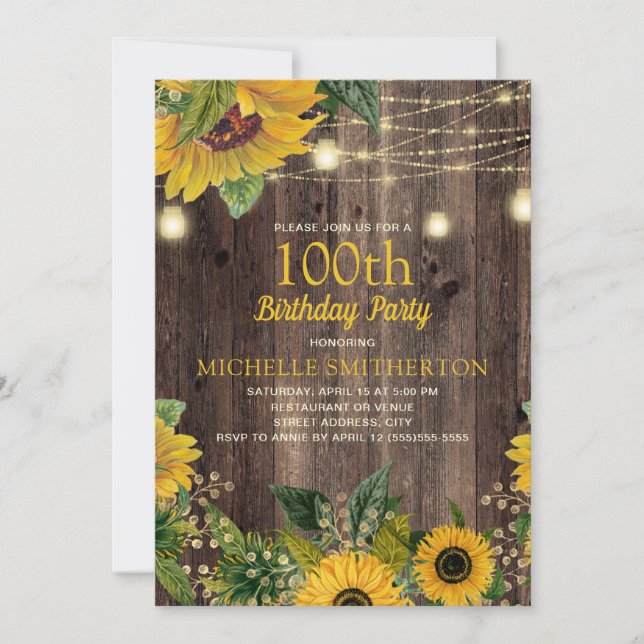 Rustic Sunflower String Lights 100th Birthday Invitation (Front)