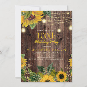 Rustic Sunflower String Lights 100th Birthday Invitation