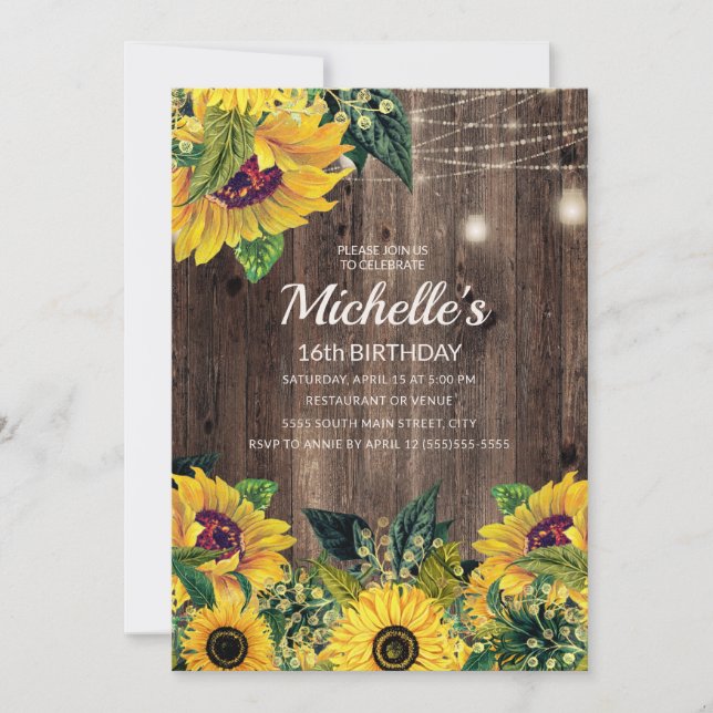 Rustic Sunflower String Lights 16th Birthday Invitation (Front)