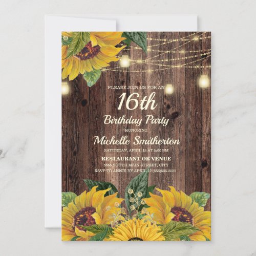 Rustic Sunflower String Lights 16th Birthday Invitation