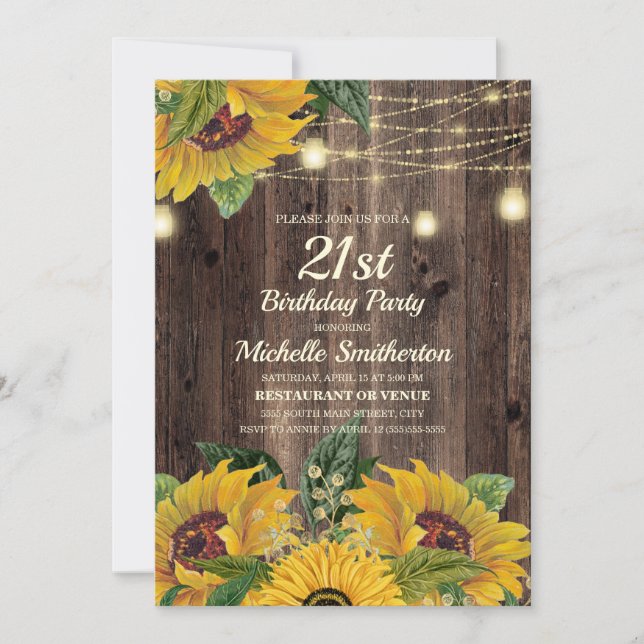 Rustic Sunflower String Lights 21st Birthday Invitation (Front)