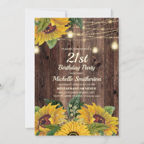 Rustic Sunflower String Lights 21st Birthday Invitation