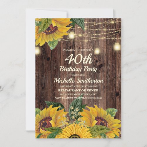 Rustic Sunflower String Lights 40th Birthday Invitation