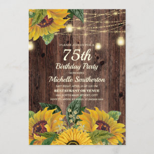 Rustic Sunflower String Lights 75th Birthday Invitation