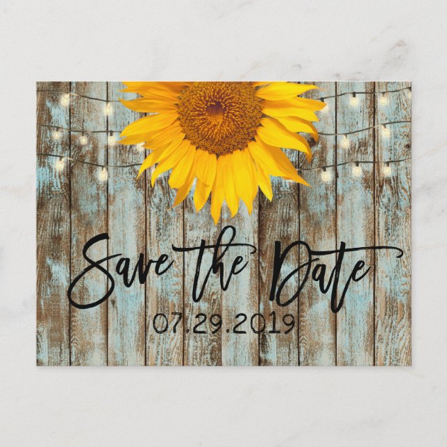Rustic Sunflower String Lights Barn Save the Date Announcement Postcard (Front)