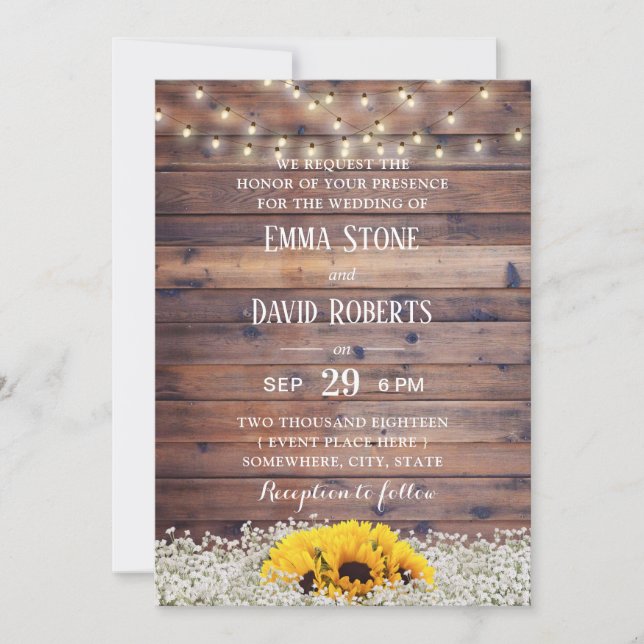 Rustic Sunflower & String Lights Barn Wedding Invitation (Front)