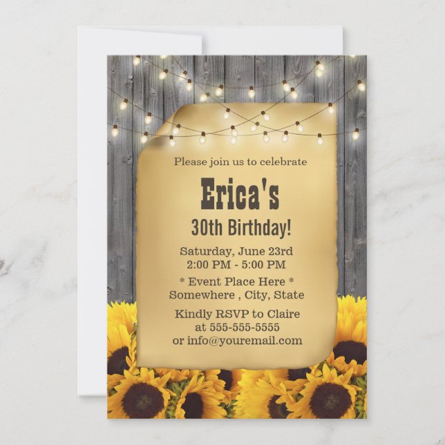Rustic Sunflower String Lights Barn Wood Birthday Invitation (Front)