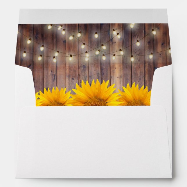 Rustic Sunflower String Lights Barn Wood Wedding Envelope (Back (Bottom))