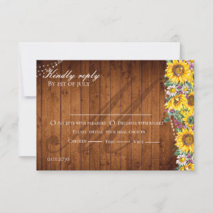 Rustic sunflower string lights barn wood Wedding RSVP Card