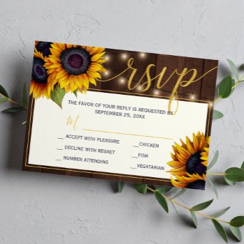 Rustic Sunflower String Lights Barn Wood Wedding Rsvp Card by invitations_kits at Zazzle