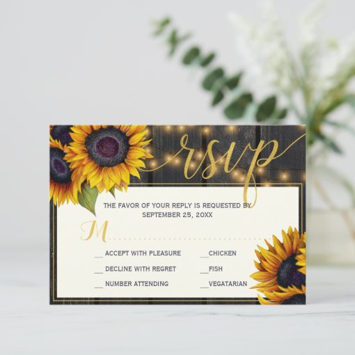 Rustic Sunflower String Lights Barn Wood Wedding Rsvp Card Zazzle