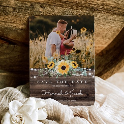 Rustic Sunflower String Lights Barn Wood Wedding Save The Date