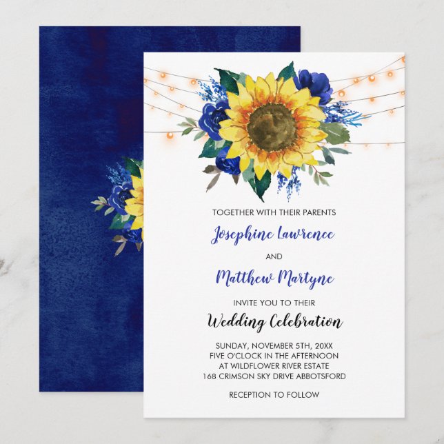 Rustic Sunflower String Lights Blue Floral Wedding Invitation (Front/Back)