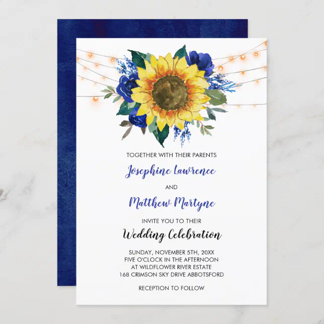 Rustic Sunflower String Lights Blue Floral Wedding Invitation 