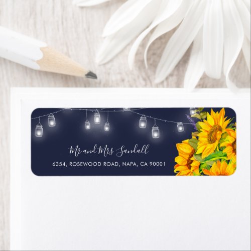 Rustic Sunflower String Lights Blue Return Address Label