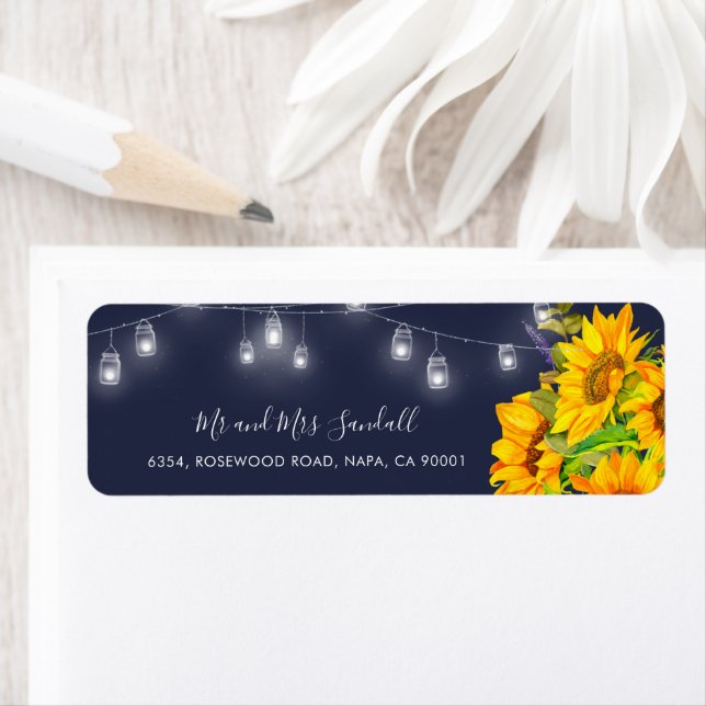 Rustic Sunflower String Lights Blue Return Address Label (Insitu)