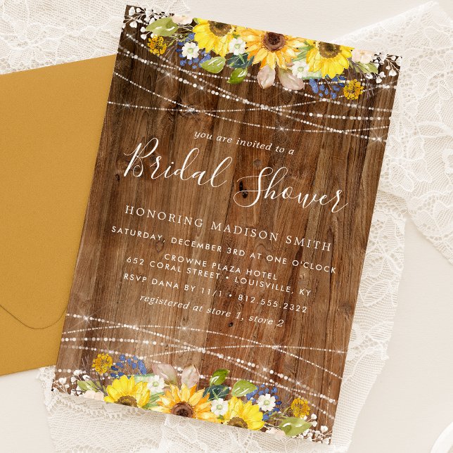 Rustic Sunflower String Lights Bridal Shower Invitation (Creator Uploaded)