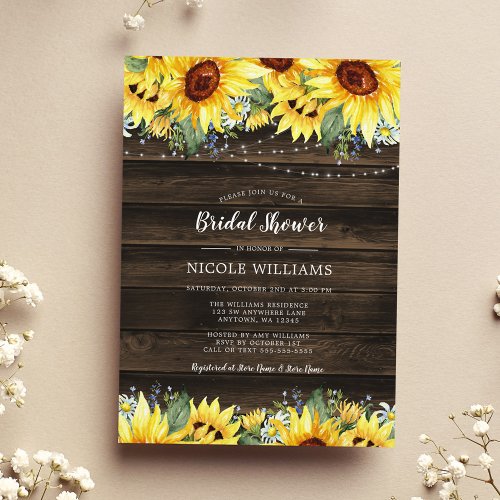 Rustic Sunflower String Lights Bridal Shower Invitation