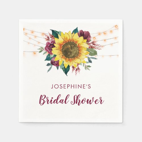 Rustic Sunflower String Lights Bridal Shower Napkins