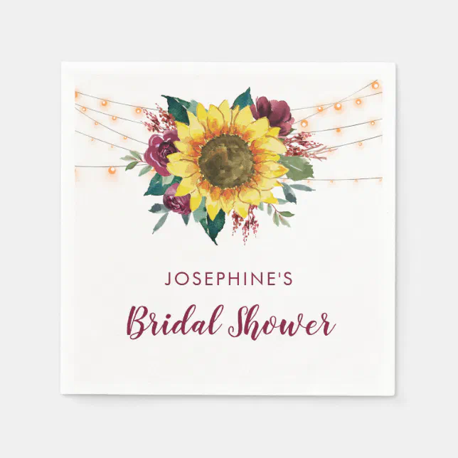 Rustic Sunflower String Lights Bridal Shower Napkins | Zazzle