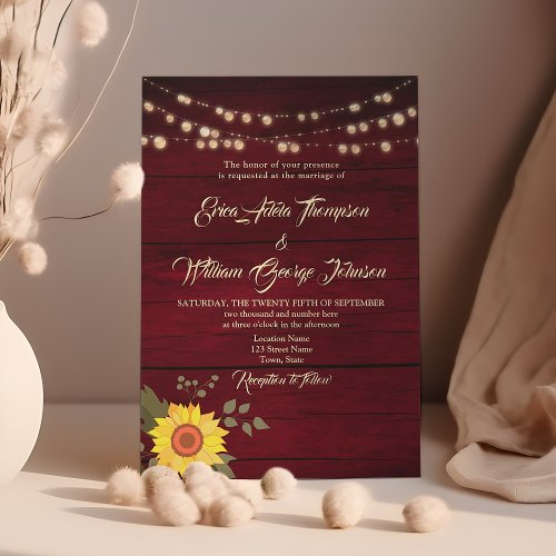 Rustic Sunflower String Lights Burgundy Wedding Invitation